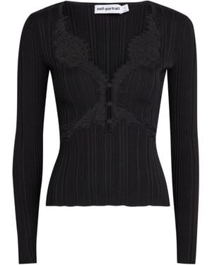 Self-Portrait Ribbed Lace-Trim Stretch-Knit Top - Black