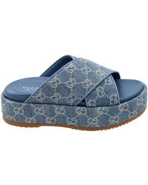 Gucci Denim Monogrammed Slip-On Sandals - Blue