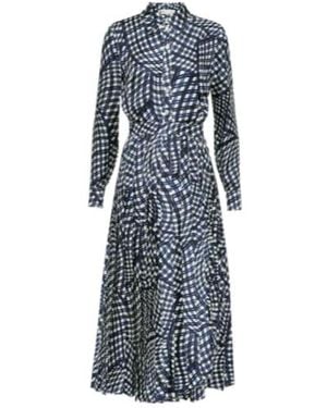 Tory Burch Checked Pleated Silk Shirt Dress - Blue