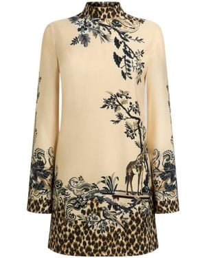 Etro Envers Satin Mini Dress With Front Print And Leopard Motif - Natural