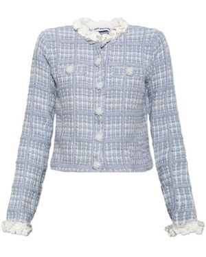 Self-Portrait Check Knit Beaded Jacket - Blue