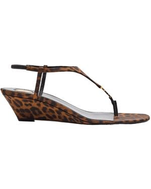 Saint Laurent Print T-Strap Wedge Sandals - Brown