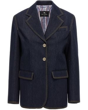 Etro Single-Breasted Long-Sleeved Denim Blazer - Blue