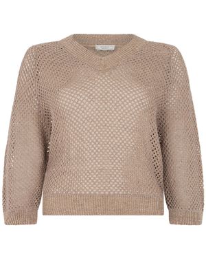 Peserico V-Neck Embellished Mesh Knit Top - Pink