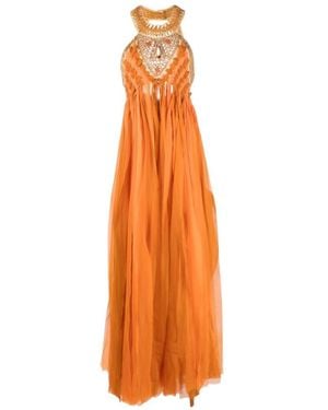 Alberta Ferretti Stone-Embellished Fringed Maxi Dress - Orange