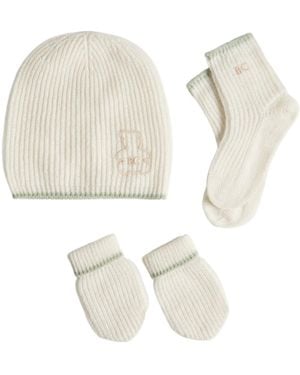 Brunello Cucinelli Cashmere English Rib-Knit Baby Bernie Beanie, Gloves And Socks Set - White