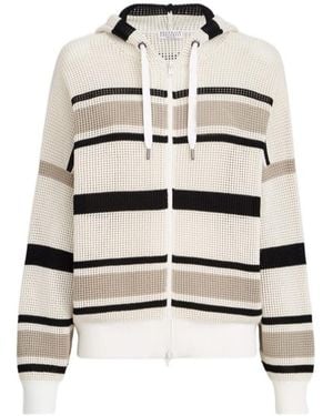 Brunello Cucinelli Striped Cotton Net Hooded Cardigan With Zipper - White
