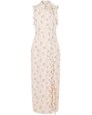 Alessandra Rich Ruffled Floral-Print Silk Midi Dress - White