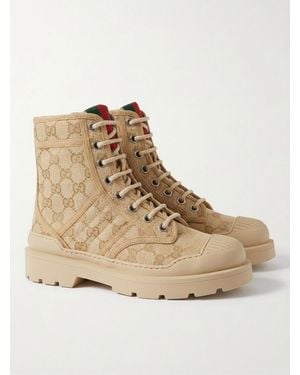 Gucci Web Logo-Pattern Lace-Up Boots - Natural