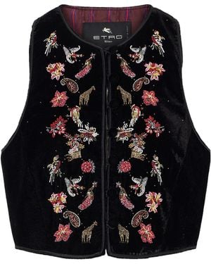 Etro Bead-Embellished Cropped Velvet Vest - Black