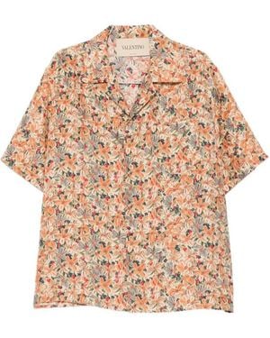 Valentino Floral-Print Camp-Collar Button-Down Silk Shirt - Natural