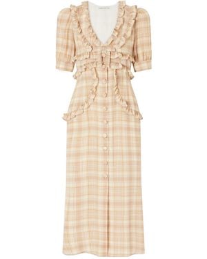 Alessandra Rich Ruffled Checked Silk Midi Dress - Natural