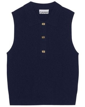 Ganni Striped Cashmere Sleeveless Polo - Blue