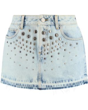 Alessandra Rich Embellished Frayed Hem Mini Denim Skirt - Blue