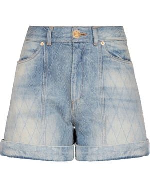 Balmain Short Diamond Denim Shorts - Blue