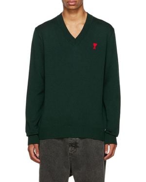 Ami Paris Embroidered Heart Logo V-Neck Jumper - Green
