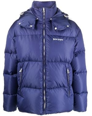 Palm Angels Logo Printed Zipped Down Jacket - Blue