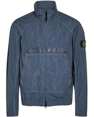Stone Island Notched Collar Jacket With Pleated Fabric - Blue