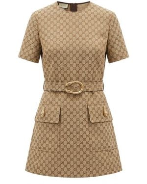 Gucci Gg Cotton Canvas Fabric Dress - Natural