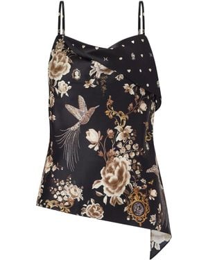 CAMILLA Asymmetric Draped Embellished Embroidered Printed Silk-Satin Top - Black