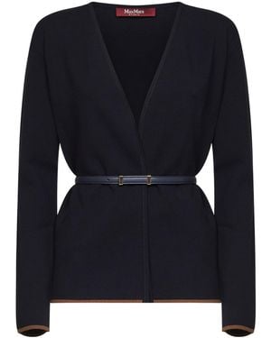 Max Mara Studio Contrast Trim Belted Waist Cardigan - Blue