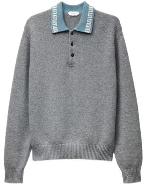 Versace Greca Trim Long Sleeve Polo Shirt - Grey