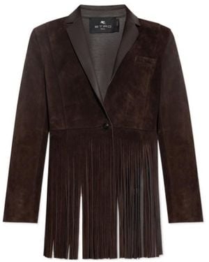 Etro Single-Breasted Suede Jacket With Fringing - Brown