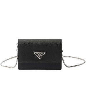 Prada Saffiano Leather Card Holder With Shoulder Strap - White