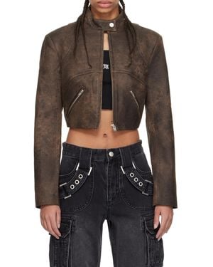 MISBHV Cracked Cropped Faux-Leather Jacket - Brown