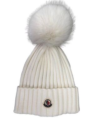 Moncler Logo Patch Pompon Knitted Beanie - White