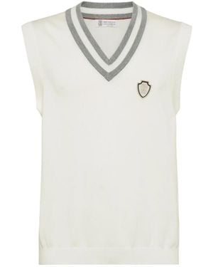 Brunello Cucinelli V-Neck Logo Embroidered Vest - White
