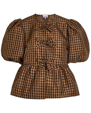 Ganni Crinkled Checked Taffeta Blouse - Brown