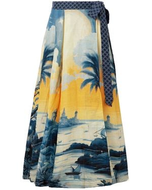 CAMILLA Embellished Printed Linen And Silk-Blend Maxi Wrap Skirt - Blue