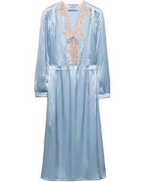 Prada Long-Sleeved Satin Crepe And Lace Dress - Blue