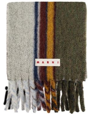 Marni Logo Patch Striped Knit Fringed Scarf - Green