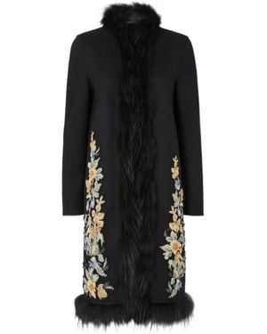 Fendi Wool Coat With Embroidery And Fox Fur Trim - Black