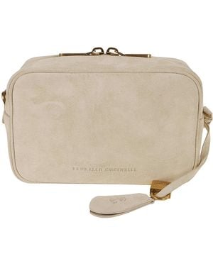 Brunello Cucinelli Suede Logo-Embossed Shoulder Bag - Natural