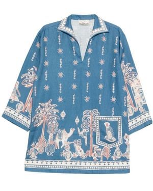 ALÉMAIS Acacia Collared Graphic-Print Mini Dress - Blue