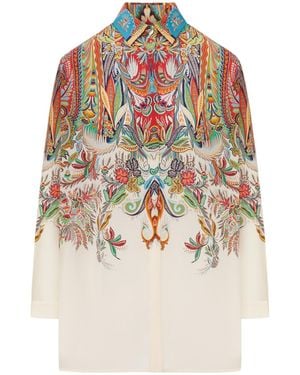 Etro Long Silk Shirt With Placed Paisley Foliage Print - White