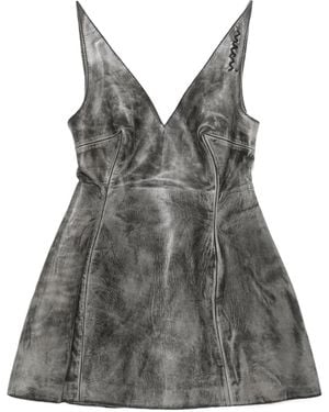 Marni Leather Sleeveless Plunging V-Neck Flared Mini Dress - Gray