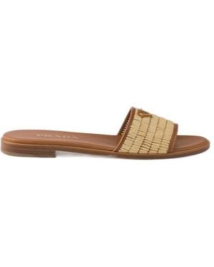 Prada Leather And Crochet Slides - Brown