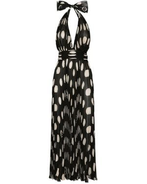 Dolce & Gabbana Polka-Dot Printed Pleated Chiffon Calf-Length Dress - Black