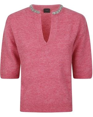 Pinko V-Neck Short-Sleeve Sweater - Pink