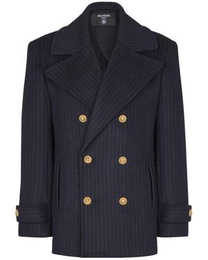 Balmain Merino Wool-Blend Stripe Pea Coat - Blue