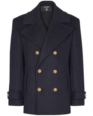 Balmain Short Striped Wool Pea Coat - Blue