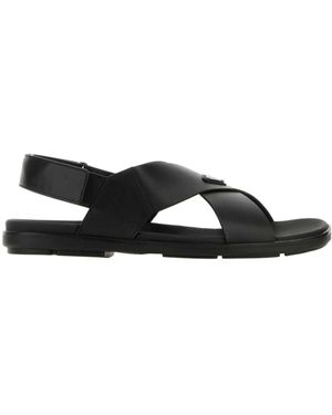 Prada Logo Plaque Crisscross Sandals - Black