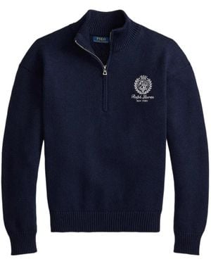 Polo Ralph Lauren Embroidered-Logo Quarter-Zip Jumper - Blue