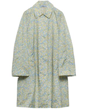 Prada Floral-Printed Long-Sleeved Coat - Blue