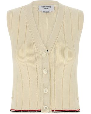 Thom Browne Ribbed V-Neck Stripe Detailed Vest - Natural