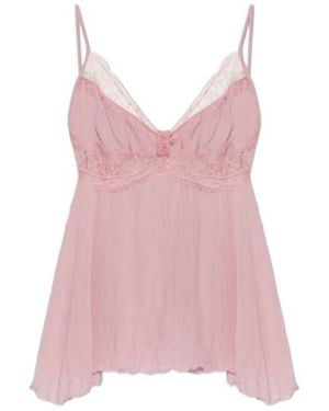 Blumarine Georgette Lace-Pannels V-Neck Top - Pink
